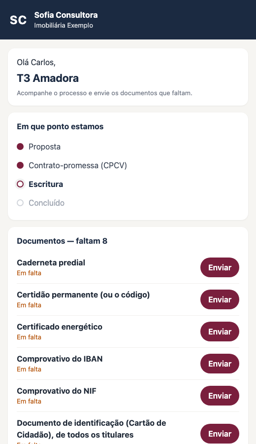 Página do cliente no telemóvel com os documentos em falta (dados inventados)